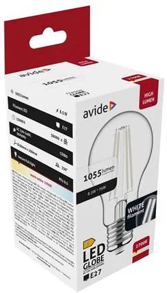 LED izzó, filament, E27, gömb, A60, 8,5W, 1055lm, 2700K, AVIDE (AVLED005)