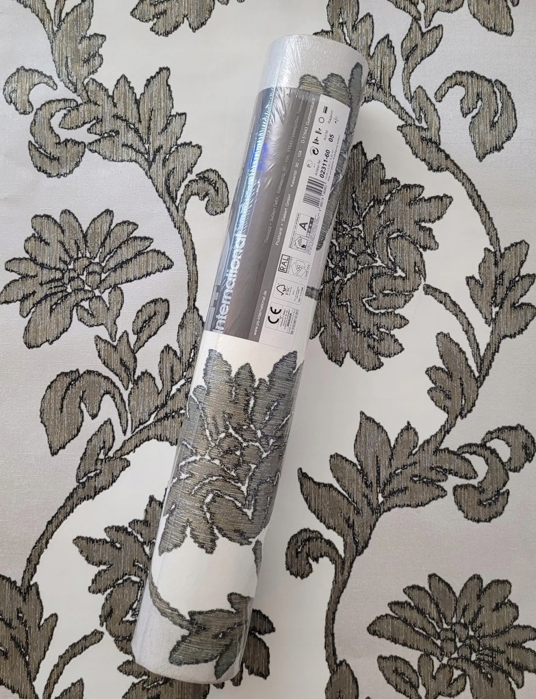 Fali tapéta, ezüst-arany virágok, levelek, csillogó szálak, 2311-60