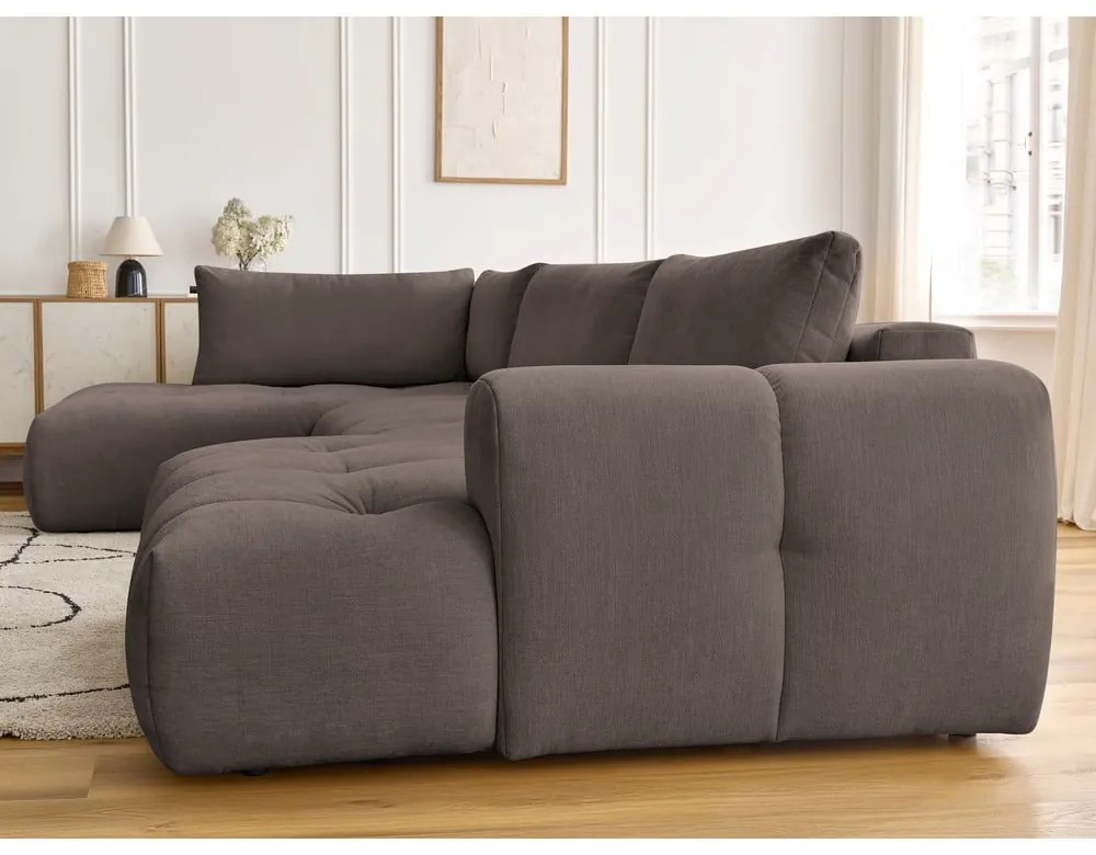 Szürkésbarna kinyitható-tárolóhelyes sarokkanapé (bal oldali-U alakú) Fuji – Bobochic Paris