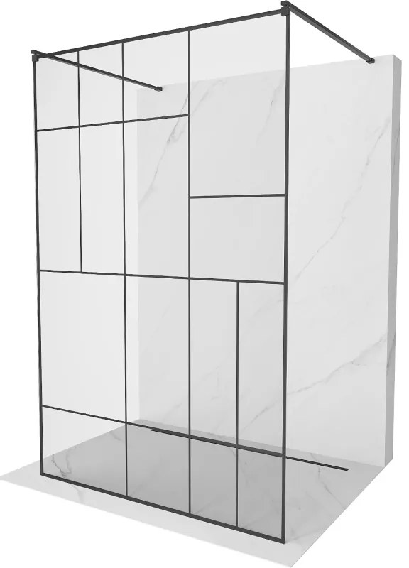 Mexen Kioto, átmenő zuhanyparaván 110 x 200 cm, 8mm átlátszó üveg / fekete mintás, 2x fekete stabilizáló távtartó, 800-110-002-70-78