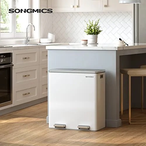 SONGMICS dupla szemetes, fém szelektív hulladékgyűjtő 15 szemeteszsákkal, 2 × 30 L, fehér–szürke