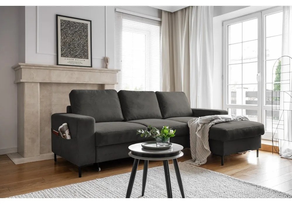Sötétszürke kordbársony kinyitható sarokkanapé (jobb oldali) Lofty Lilly – Miuform
