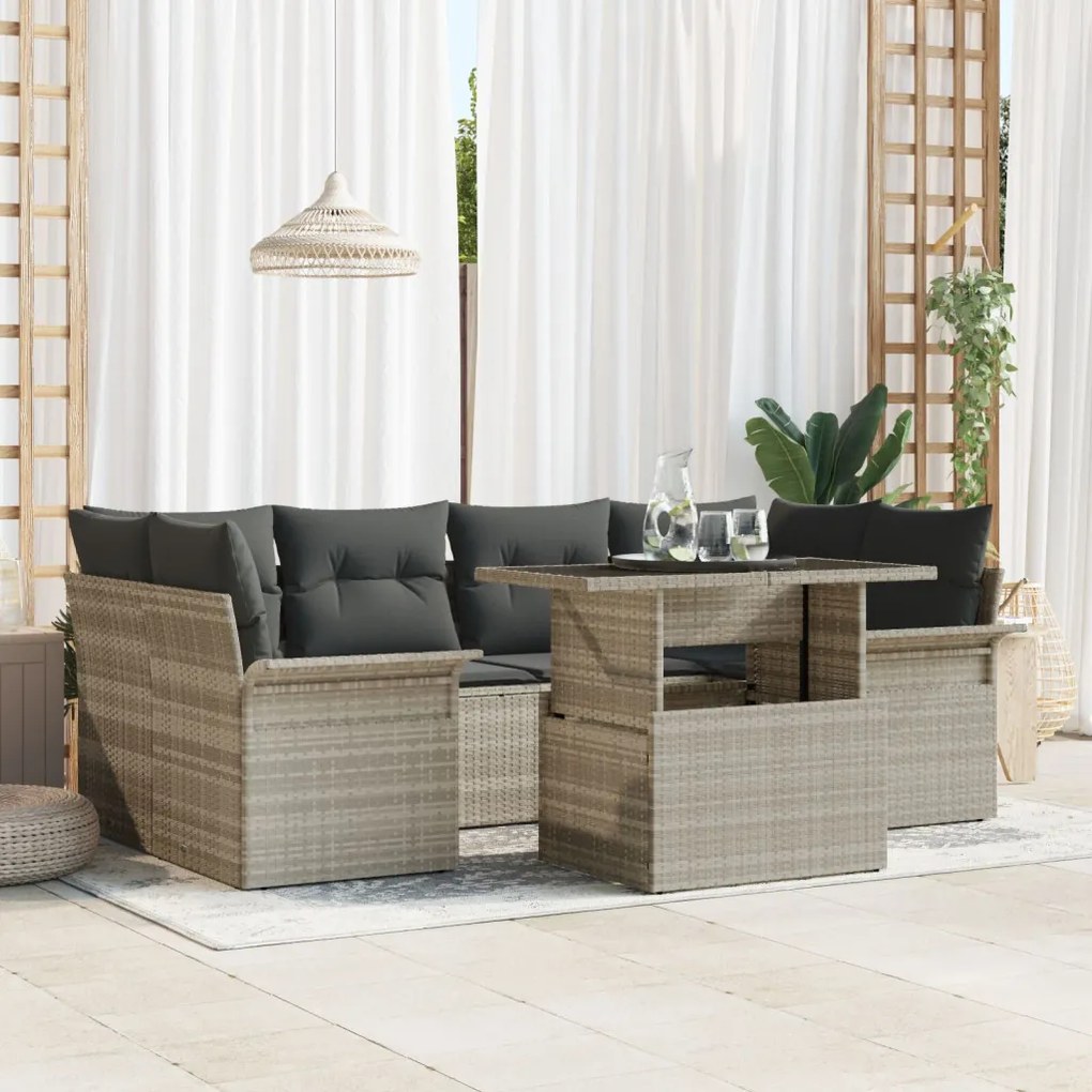 7 részes kerti kanapé készlet párnákkal világosszürke poli rattan, 2-fős kerti kanapé tárolóval és párnákkal világosszürke poli rattan