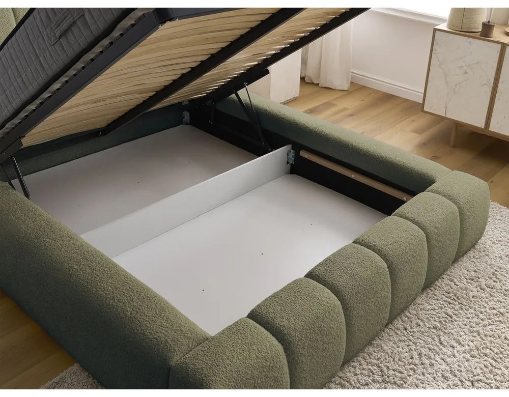 Zöld kárpitozott ágyneműtartós franciaágy ágyráccsal 140x190 cm Denali – Bobochic Paris
