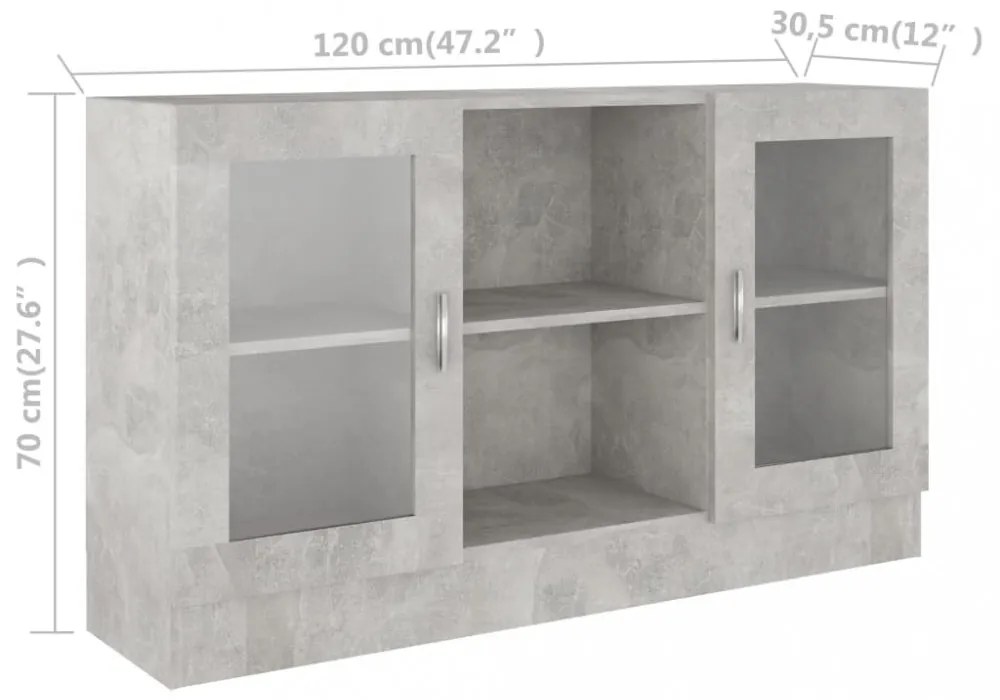 betonszürke szerelt fa vitrinszekrény 120 x 30,5 x 70 cm