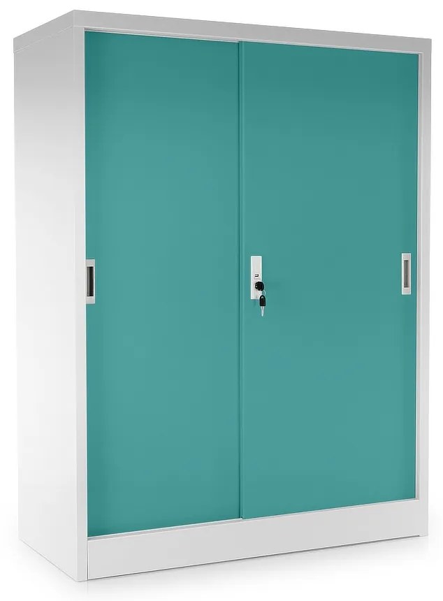 Közepes univerzális fém szekrény tolóajtókkal 90 x 40 x 120 cm, hengerzár, zöld - ral 6033