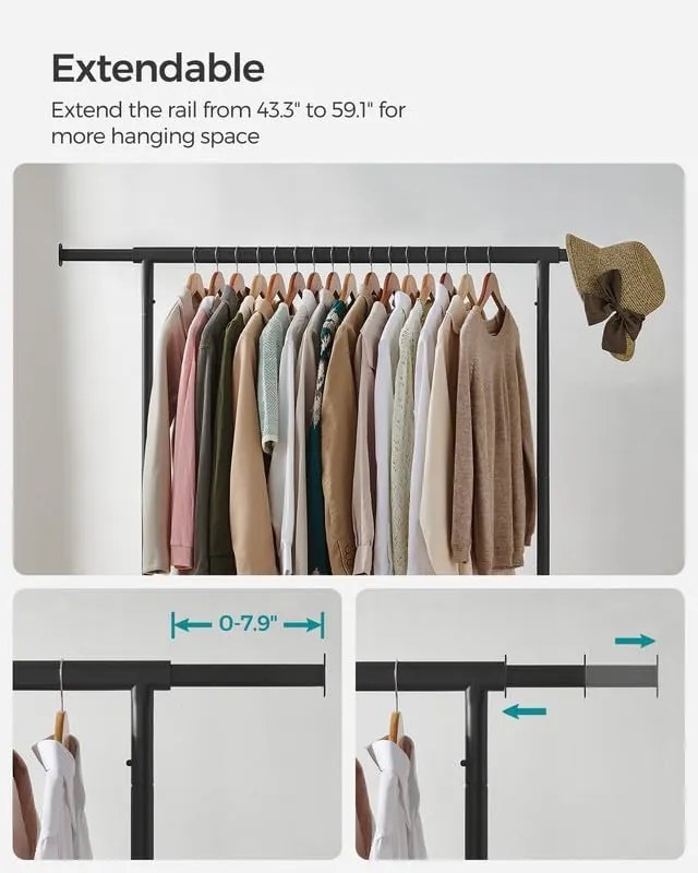 Gurulós ruhatartó állvány, max. 130 kg terhelhetőség, 45 x (110-150) x 162,9 cm, matt fekete