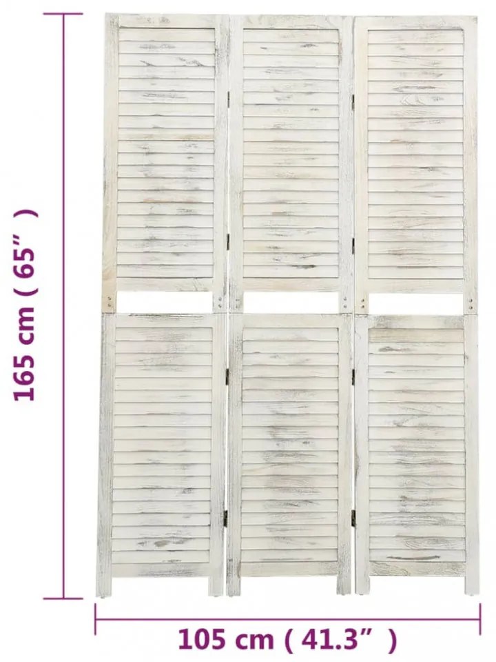 3 paneles antik fehér fa paraván 105 x 165 cm