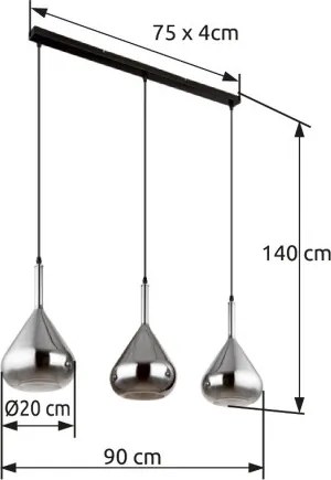 Globo 15542-3 Függeszték fém fekete matt, füstszínű üveg, fekete kábel, magassága lerövidíthető, HxSzxM: 900x200x1400mm, 3x E27 60W 230V izzók nélkül