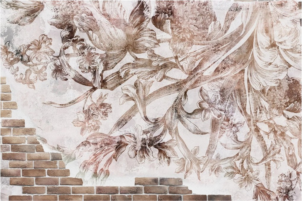Kép - Virágos freskó téglafalon (90x60 cm)