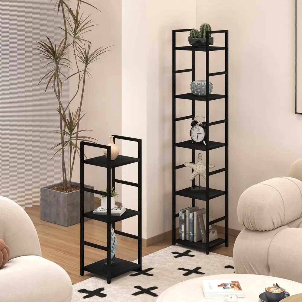 Fekete 3 szintes nyitott könyvespolc, tároló állvány fém lábakkal - 29x80cm Intenso
