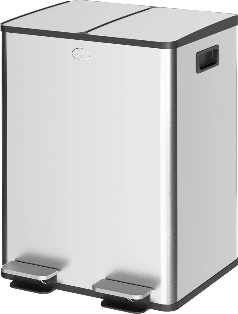 HOMCOM Konyhai Szemetes 2 Rekeszes 2x20L Rozsdamentes Acél Konyhai Kuka Pedálos, Lassan Csukó Fedéllel és Kivehető Kuka Betéttel Ételmaradékok Újrahas