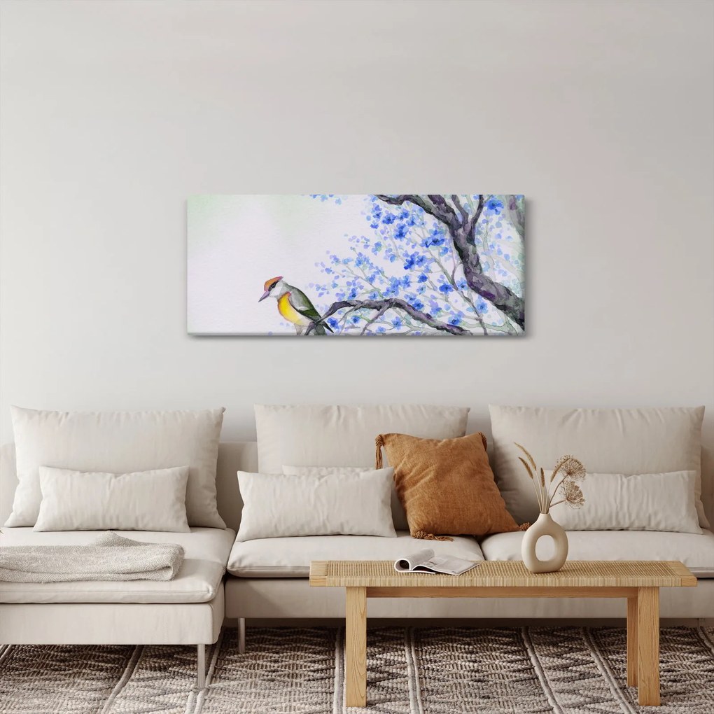 Kép - Madár egy fán kék virágokkal (120x50 cm)