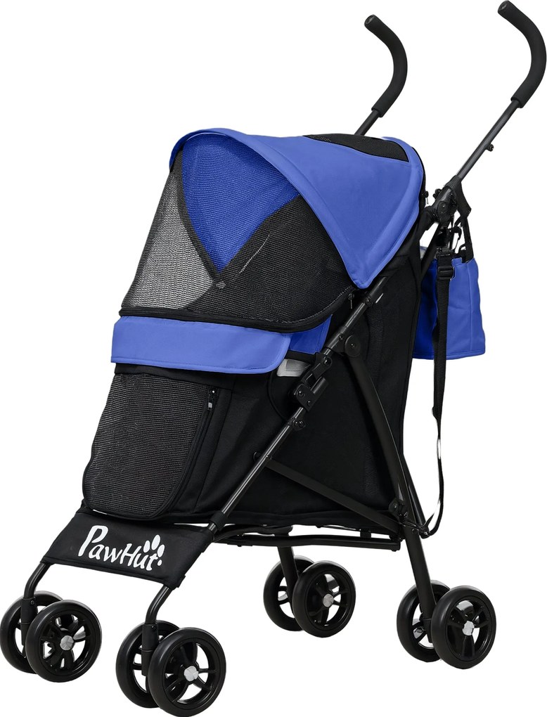 PawHut Kutya Babakocsi Összecsukható Kutya és Macska Babakocsi Hálós Ablakokkal, Vállpánttal, Tárolótáskával és Pohártartóval, Sötét Kék | Aosom