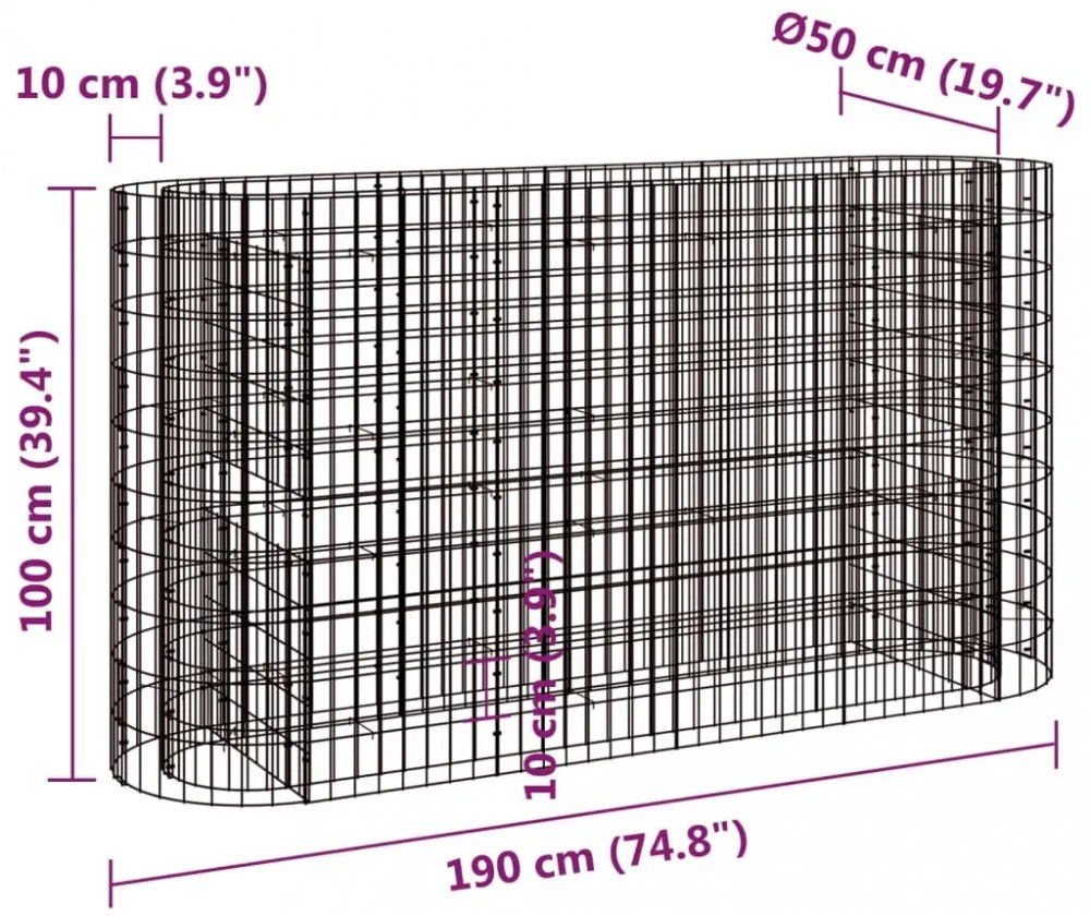 horganyzott vas gabion magaságyás 190x50x100 cm