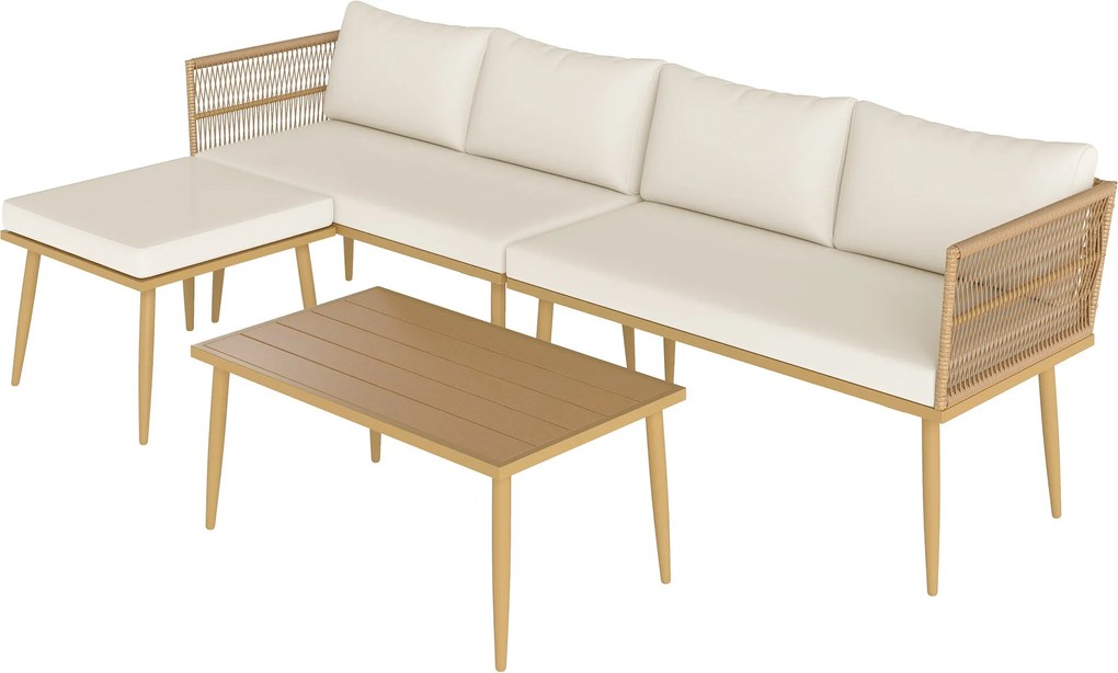 Outsunny 4 részes kültéri szintetikus rattan kertibútor szett – sarokkanapé, 2 db kétszemélyes kanapé, 1 lábtartó, 1 kávézóasztal természetes párnákka