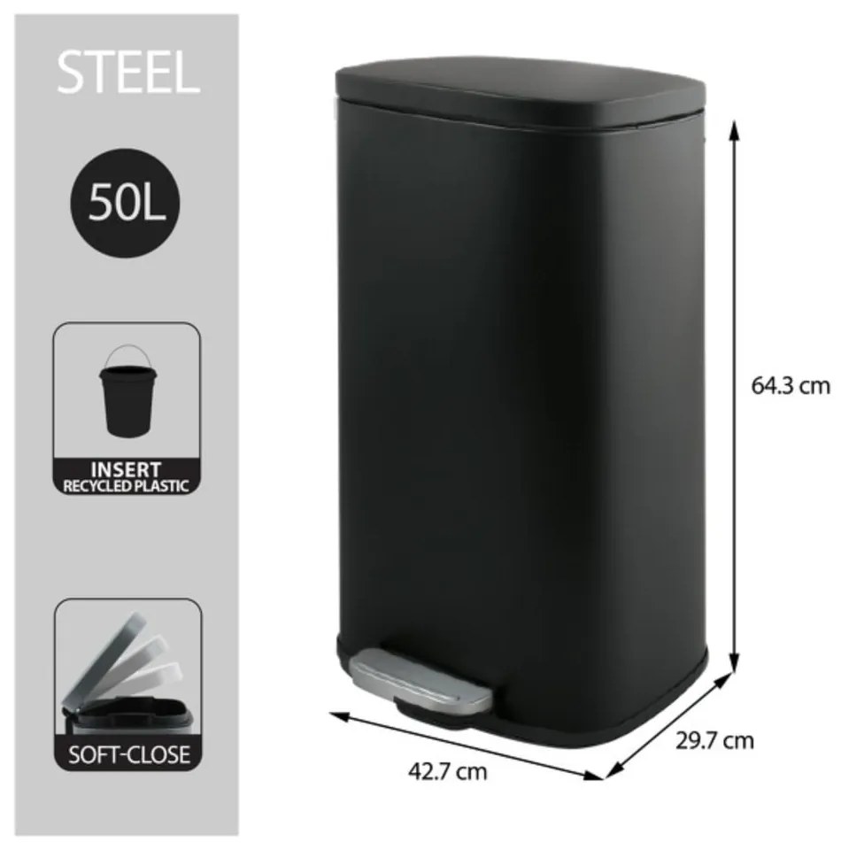 Matt fekete acél pedálos szemetes 50 l Akira – Spirella