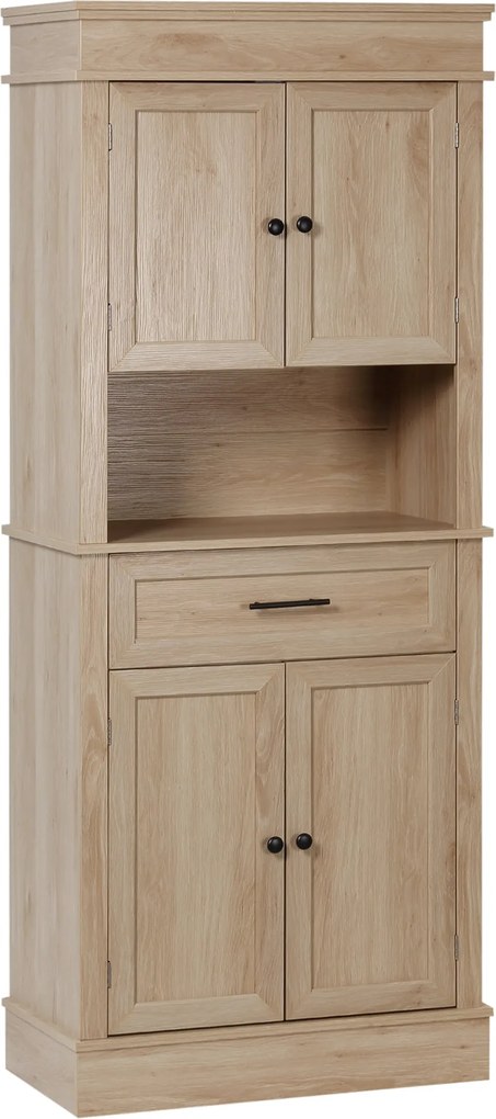 HOMCOM Konyhai Spejz Mikrohullámú Szekrény Oldalszekrény Buffet Szekrény 4 Ajtóval 1 Fiókkal és Nyitott Polccal 74x39.5x183 cm Tölgy | Aosom