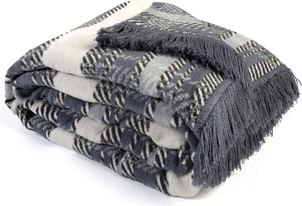 Pamut-akril takaró 150x200 grafit krémszínű rojtokkal kockás