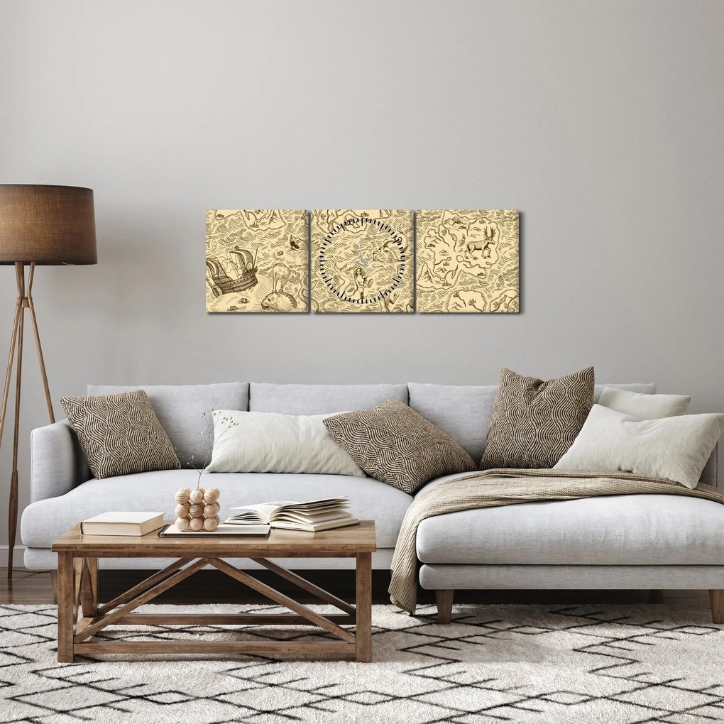 Kép - Vintage térkép, illusztrációk (órával) (90x30 cm)
