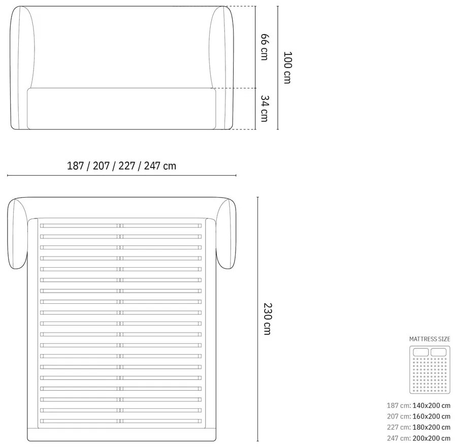 Világosszürke kárpitozott ágyneműtartós franciaágy ágyráccsal 200x200 cm Miley – Micadoni