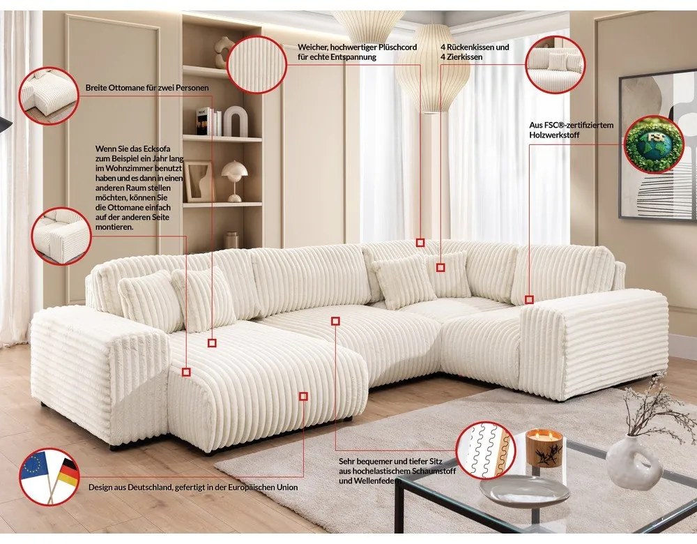 Krémszínű kordbársony sarokkanapé (jobb oldali-U alakú) Justin – Ropez