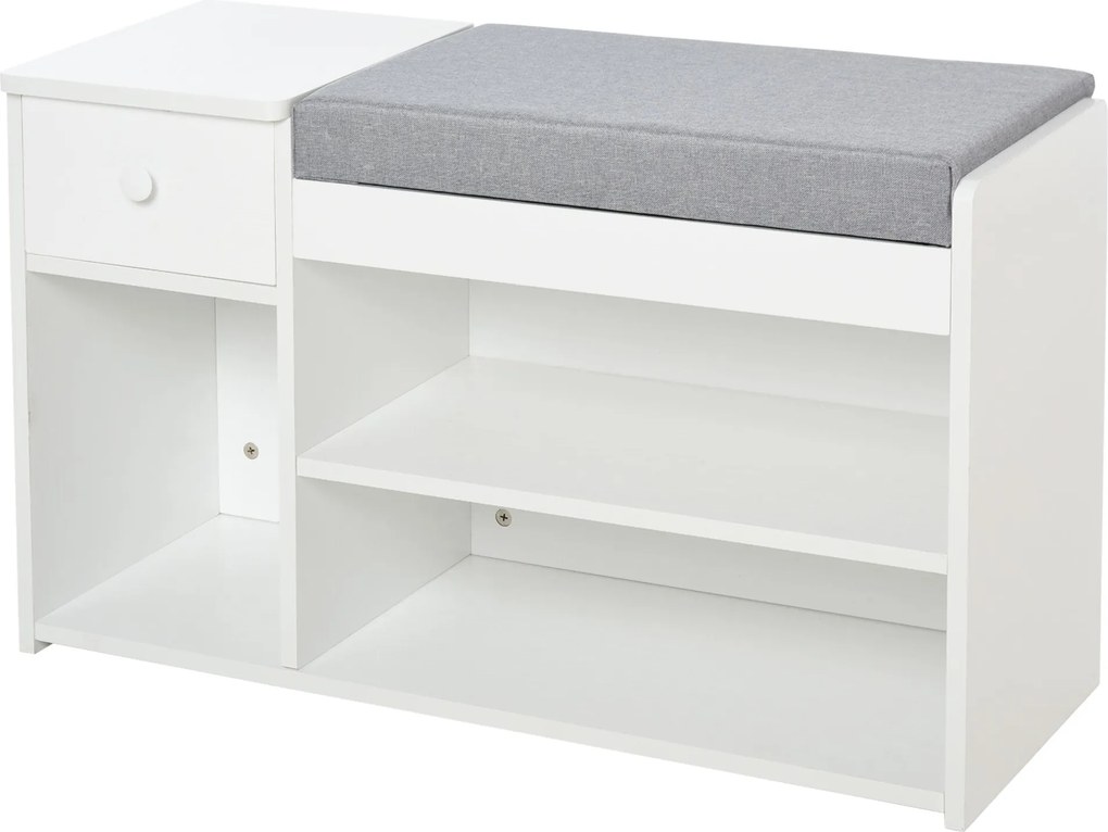 HOMCOM Cipőpad Párnával, Fiókkal és 3 Nyitott Térrel, Fából Készült Előszobai Bútor 81x31,5x49cm, Fehér | Aosom