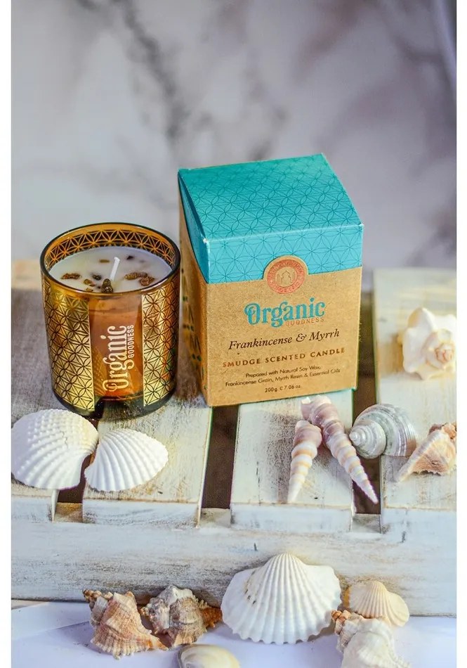 Organikus füstölő gyertya Frankincense & Myrrh200 g üvegben, aranyfóliával
