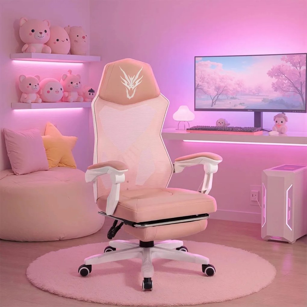 Forgószék gaming lábtartóval rózsaszín/fehér. BING