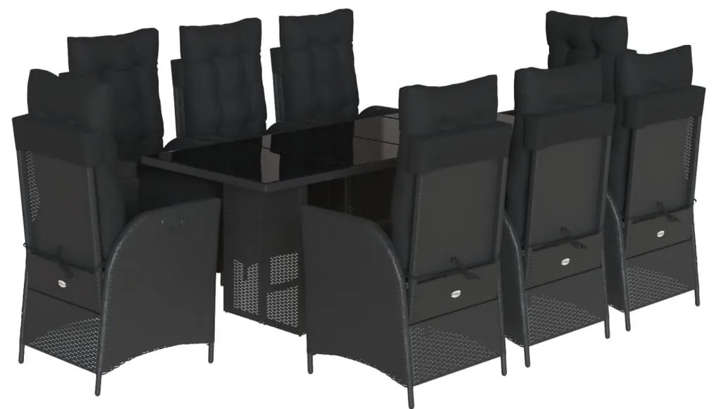 9 részes fekete polyrattan kerti étkezőgarnitúra párnákkal