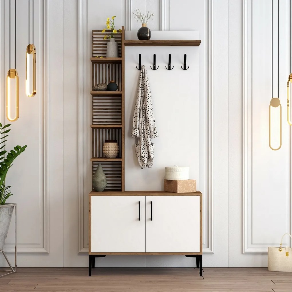 Fiókos szekrény cipővel és polcokkal Viyana Walnutand White