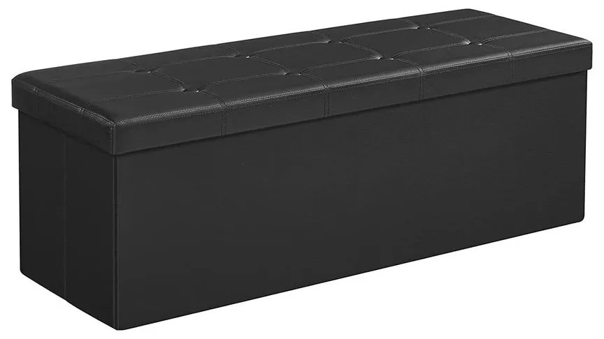 Összecsukható műbőr pad tárolóval, fekete, 110x38x38 cm