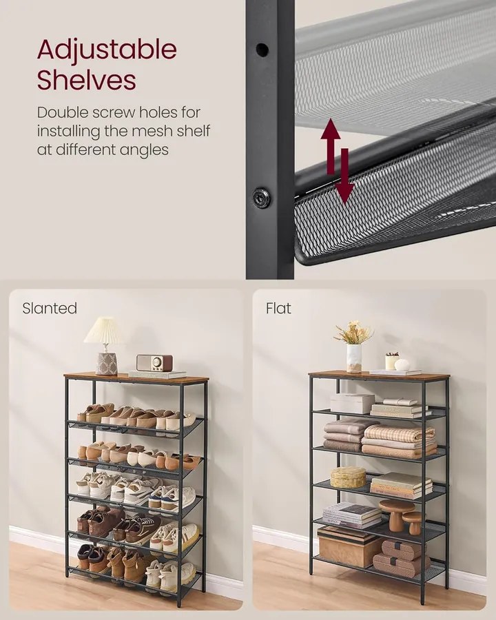 VASAGLE cipőtartó állvány, 6 szintes, 28x75x114 cm, barna-fekete