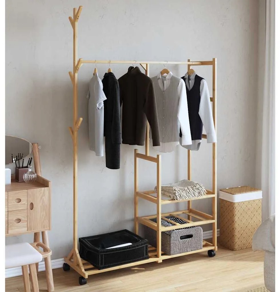 bambusz ruhaállvány polcokkal és kerekekkel 100x38x175,5 cm