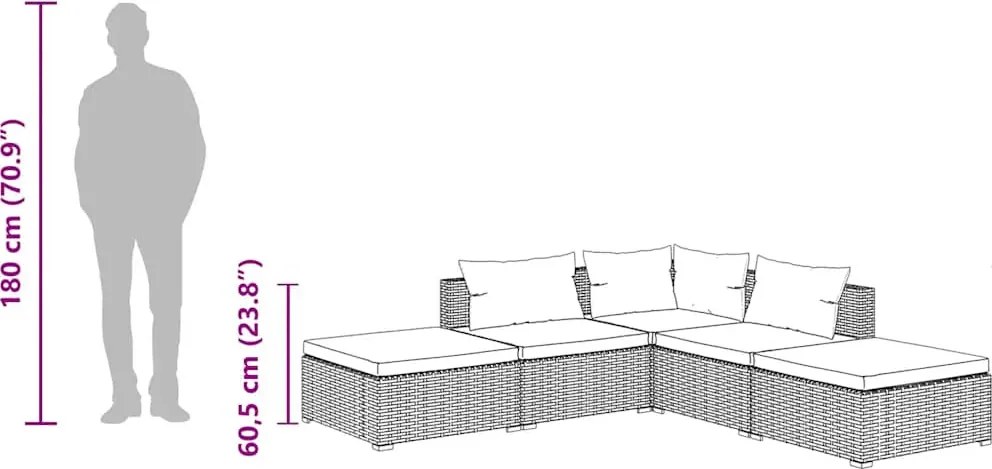 5 részes fekete polyrattan kerti ülőgarnitúra párnákkal