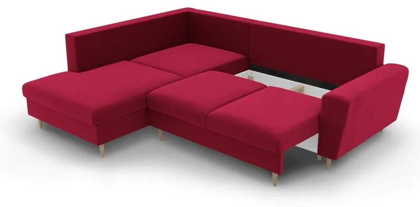 Piros bársony kinyitható tárolóhelyes sarokkanapé (bal oldali-L alakú) Kyoto – Cosmopolitan Design
