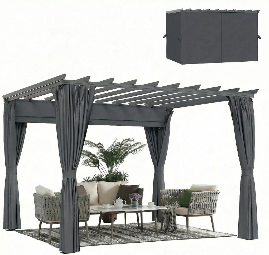 Outsunny pergola kb. 3,6 x 3,0 m kerti pavilon — alumínium teraszárnyékoló állítható, kihúzható tetővel, önálló, sötétszürke | Aosom