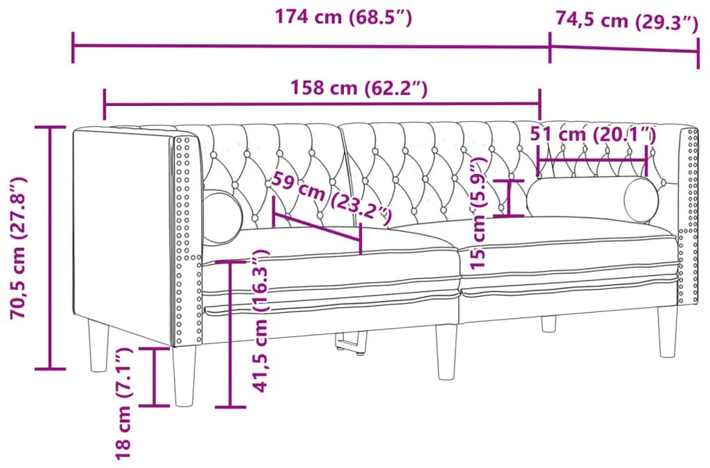 3 részes sárga bársony Chesterfield kanapészett hengerpárnákkal