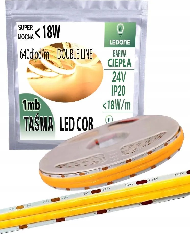 Cob Led Szalag 24V szuper erős 18w/m 1800 lm/m Neon vonal Double meleg 1M