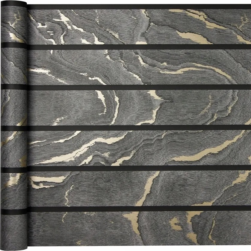 Tapéta Sötétszürke Deszka Lamellák Arany tégelyek