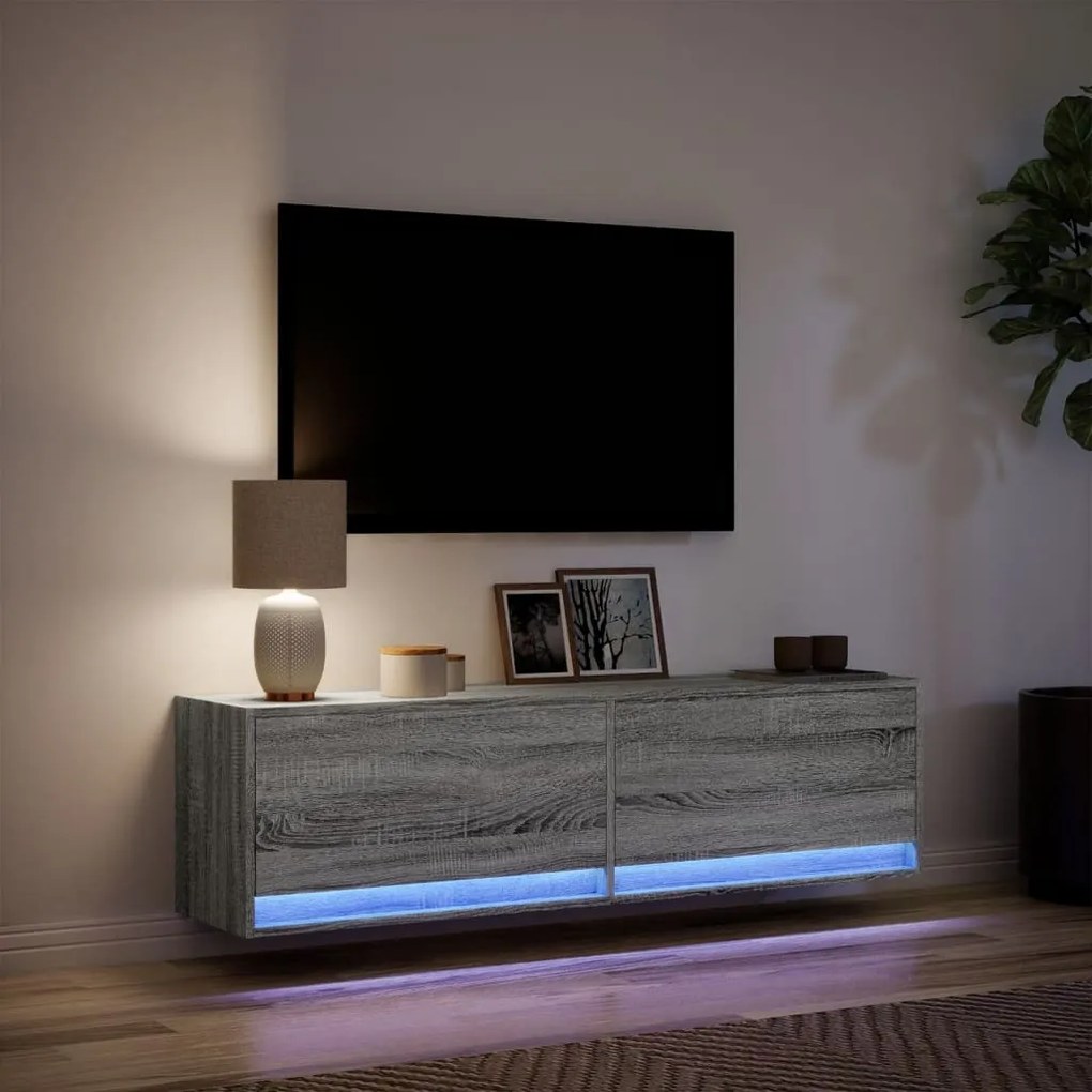 szürke sonoma színű fali TV-szekrény LED-ekkel 140 x 31 x 38 cm
