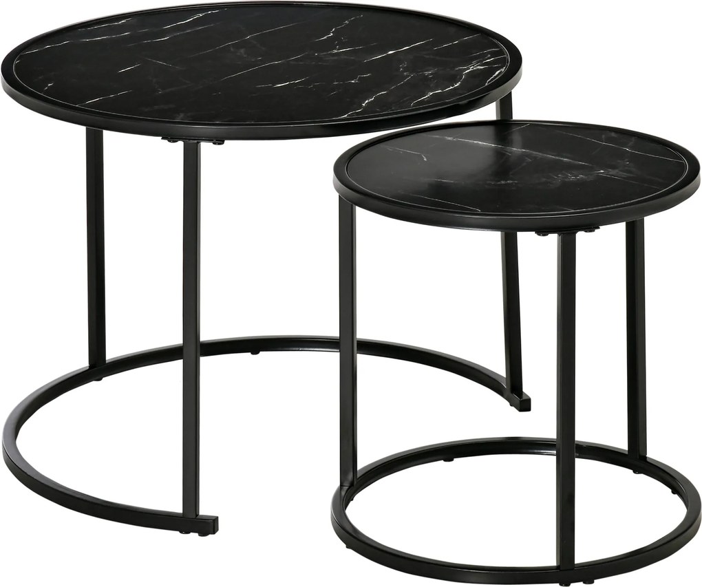 HOMCOM 2 db Modern Függőleges Kerek Oldaltálca Műmárvány Lappal és Acélvázzal Ø60x46 cm és Ø40x40 cm Fekete | Aosom