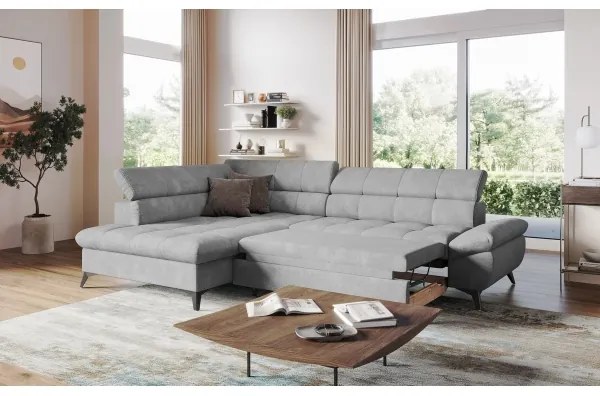 Szürke, balos, L-alakú MARANO sarokkanapé ággyá nyitható