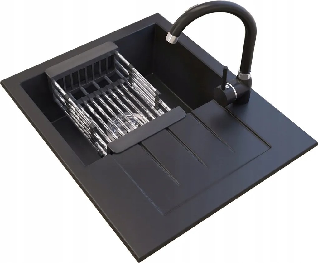 Mosogató Egykamrás gránit fekete Milano csaptelep konyhai mosogató csepegtető