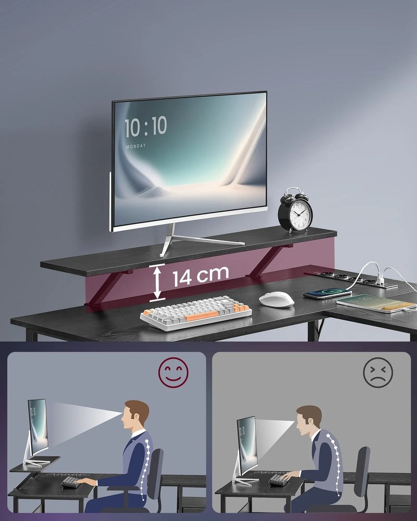 L alakú sarokíróasztal LED világítással, 4 konnektorral, 2 USB-porttal és monitorállvánnyal, 150 x 120 x 76 cm, fekete
