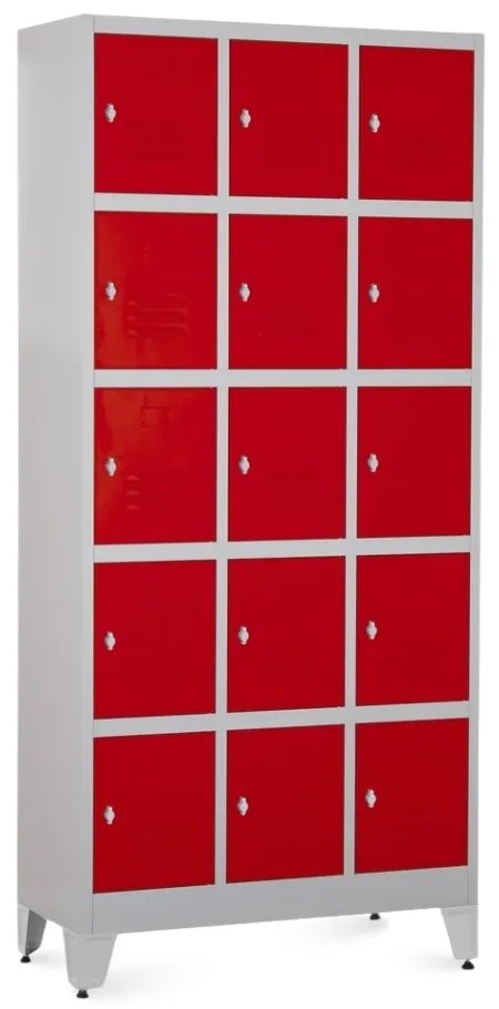 Fém szekrény - 15 doboz, 90 x 40 x 196,5 cm, helyreigazítással, lakathoz zár, piros - ral 3000
