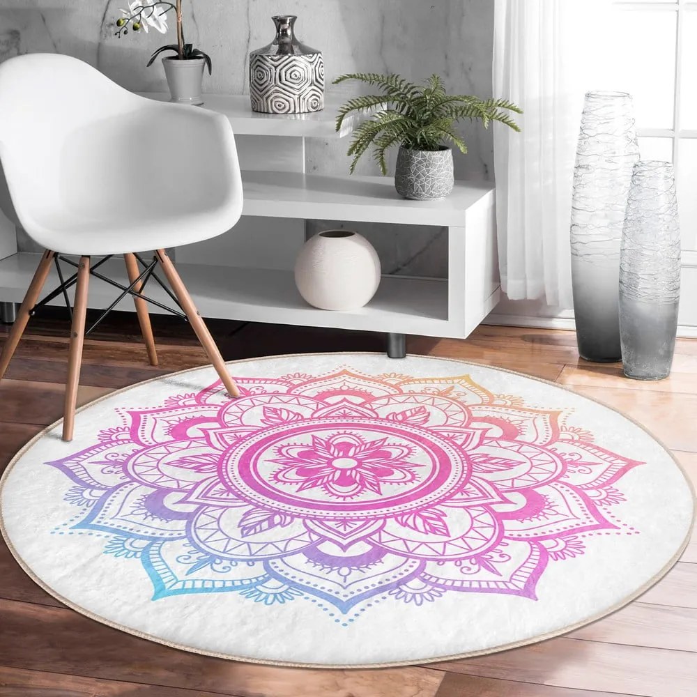 Fehér-rózsaszín mosható-robotporszívóval tisztítható kerek szőnyeg ø 120 cm Comfort – Mila Home