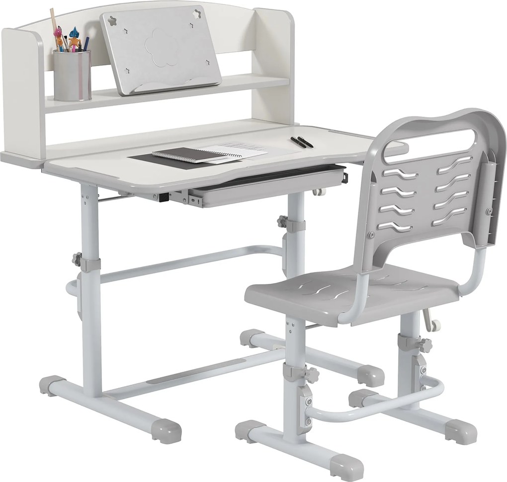 ZONEKIZ Gyerek Íróasztal és Szék Szett 6-12 Éveseknek - Magasságállító Gyermek Íróasztal 1 Fiókkal, 1 Könyvespolccal és Állítható Asztalszög 80x54.5x8