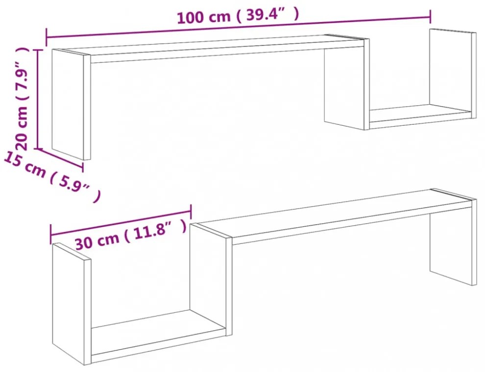 2 db betonszürke szerelt fa fali polc 100 x 15 x 20 cm