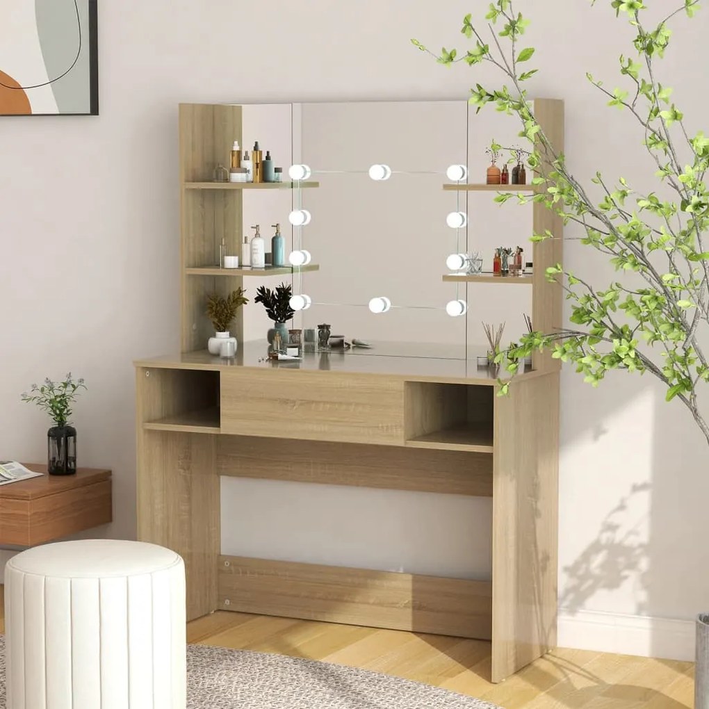 tölgyszínű LED-es MDF sminkasztal 100 x 40 x 135 cm